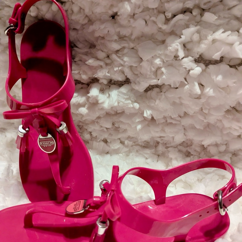 Coach Pink T-Strap Jelly Fuchsia Pink  Sandals with Metallic Accents - Picture 5 of 12